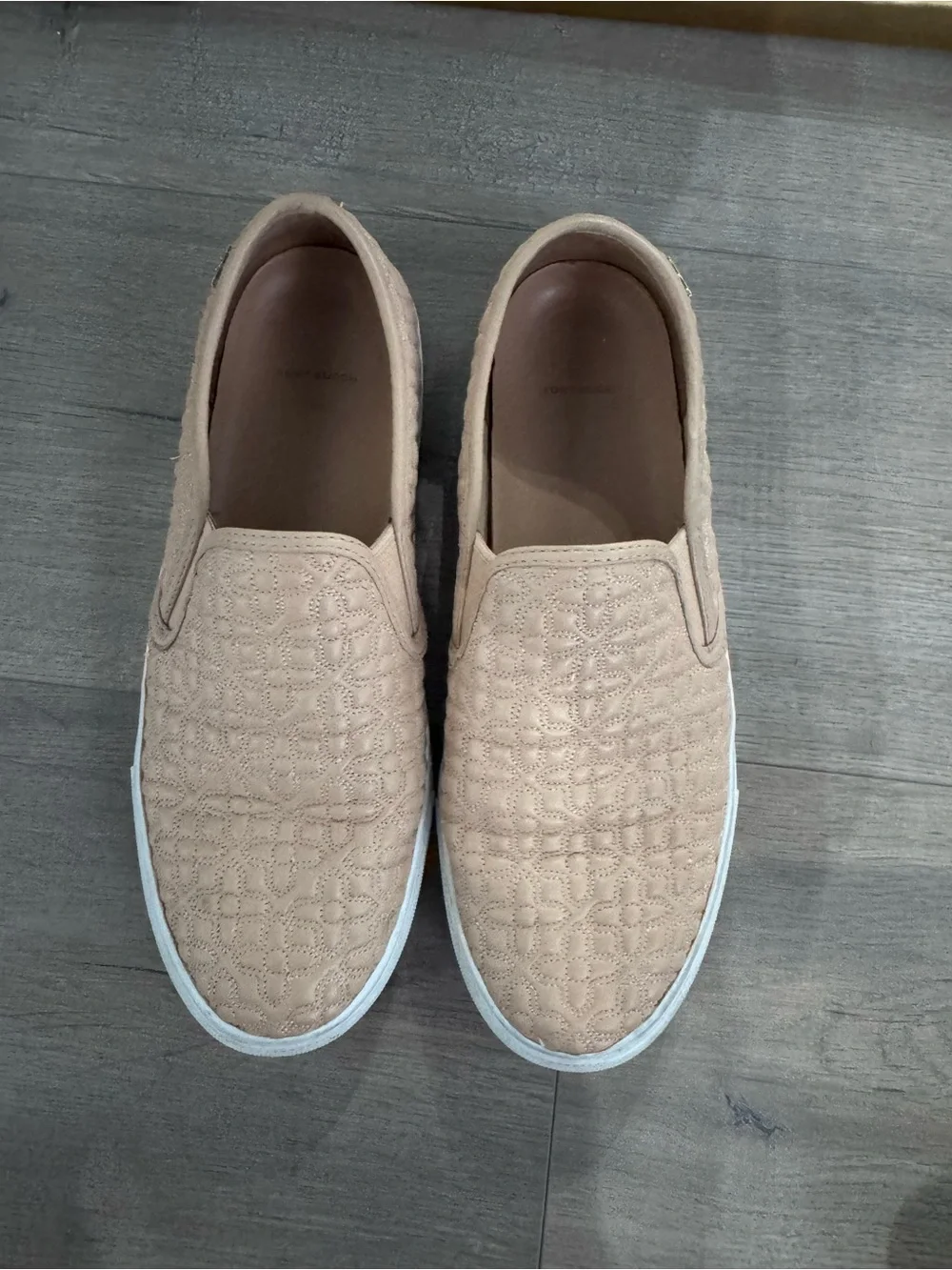 Tory Burch Quilted Slip-On Flats in Light Beige with White Soles
